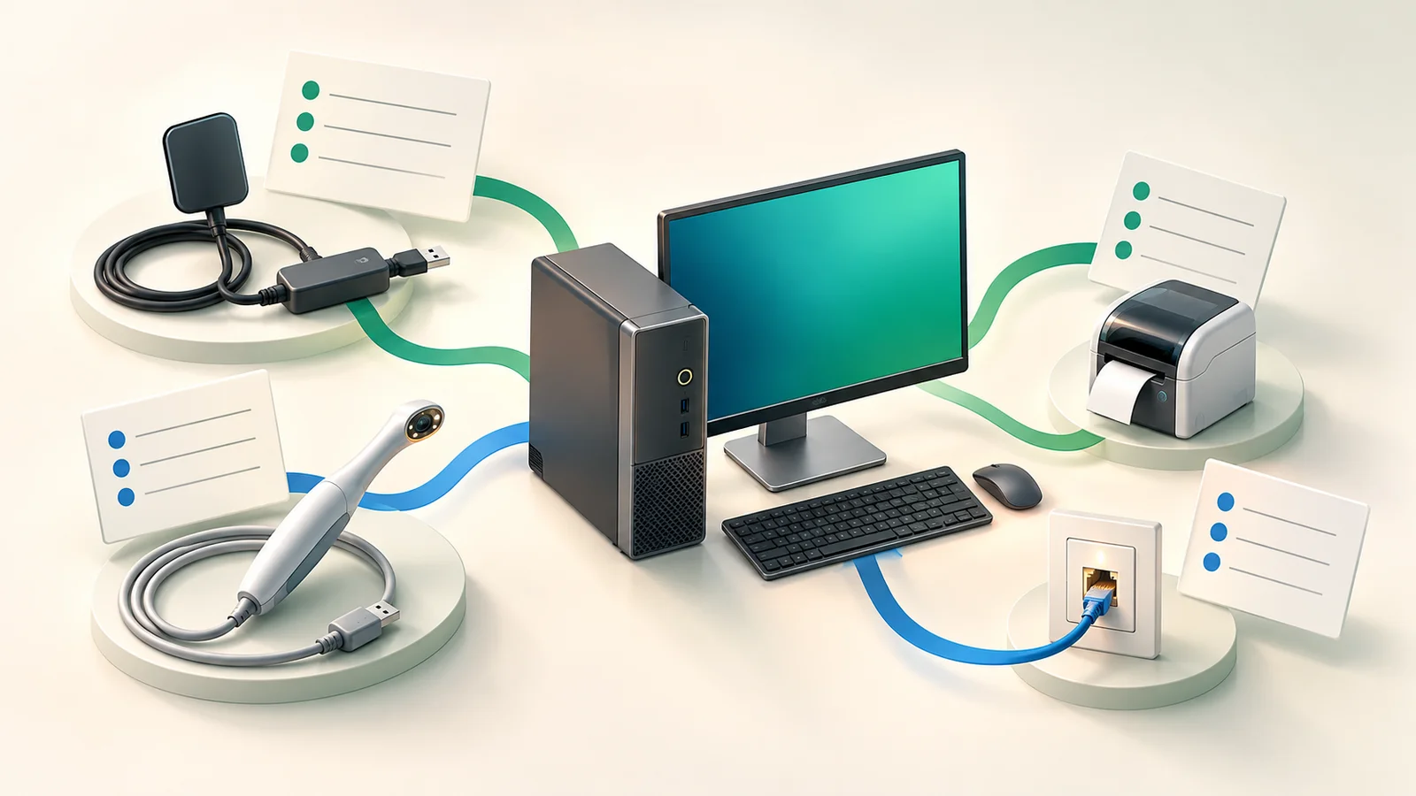 Conceptual illustration of a dental workstation connected by planning ribbons to a sensor, intraoral camera, printer and network socket.