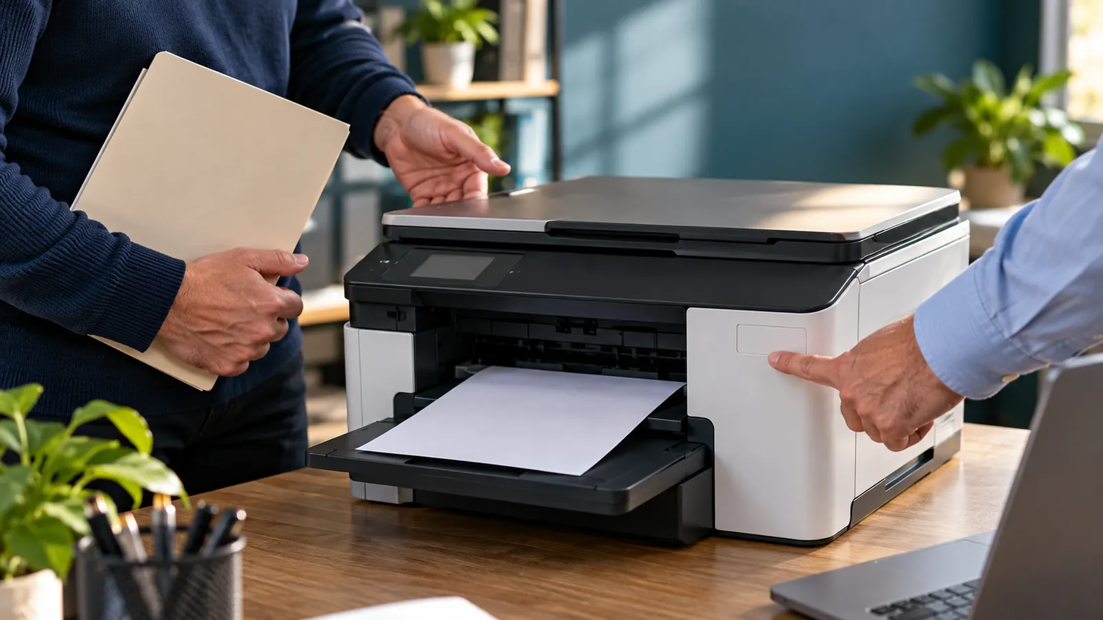 Two people review an office printer beside a service folder, pointing to its blank device-label area.
