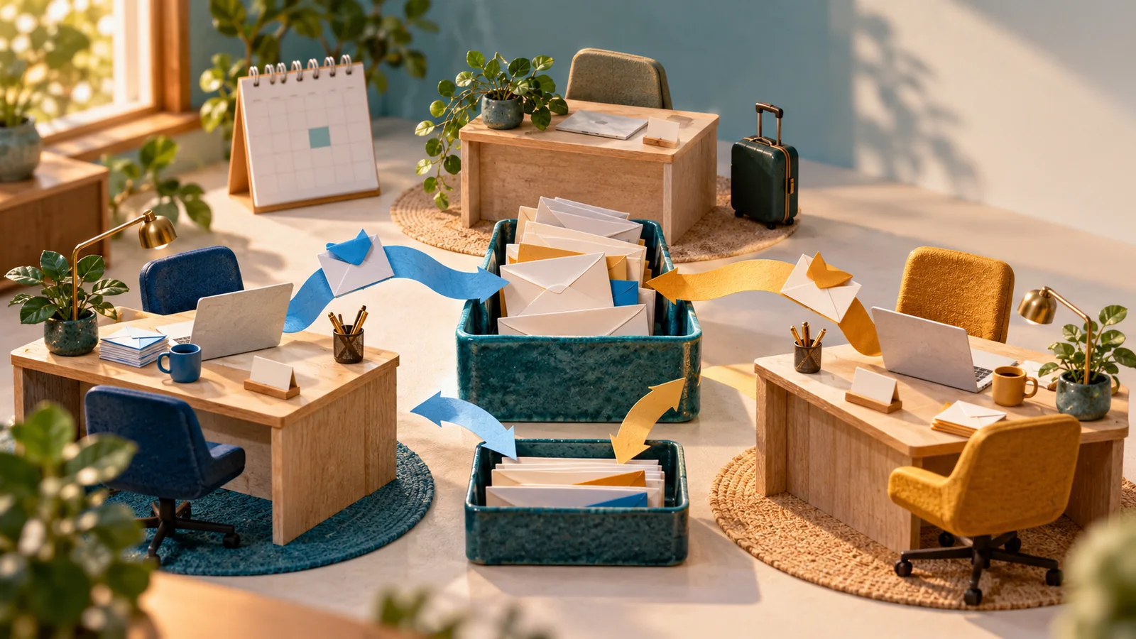 Miniature office with two occupied work areas, an empty desk, envelopes in shared trays and blue and amber arrows.