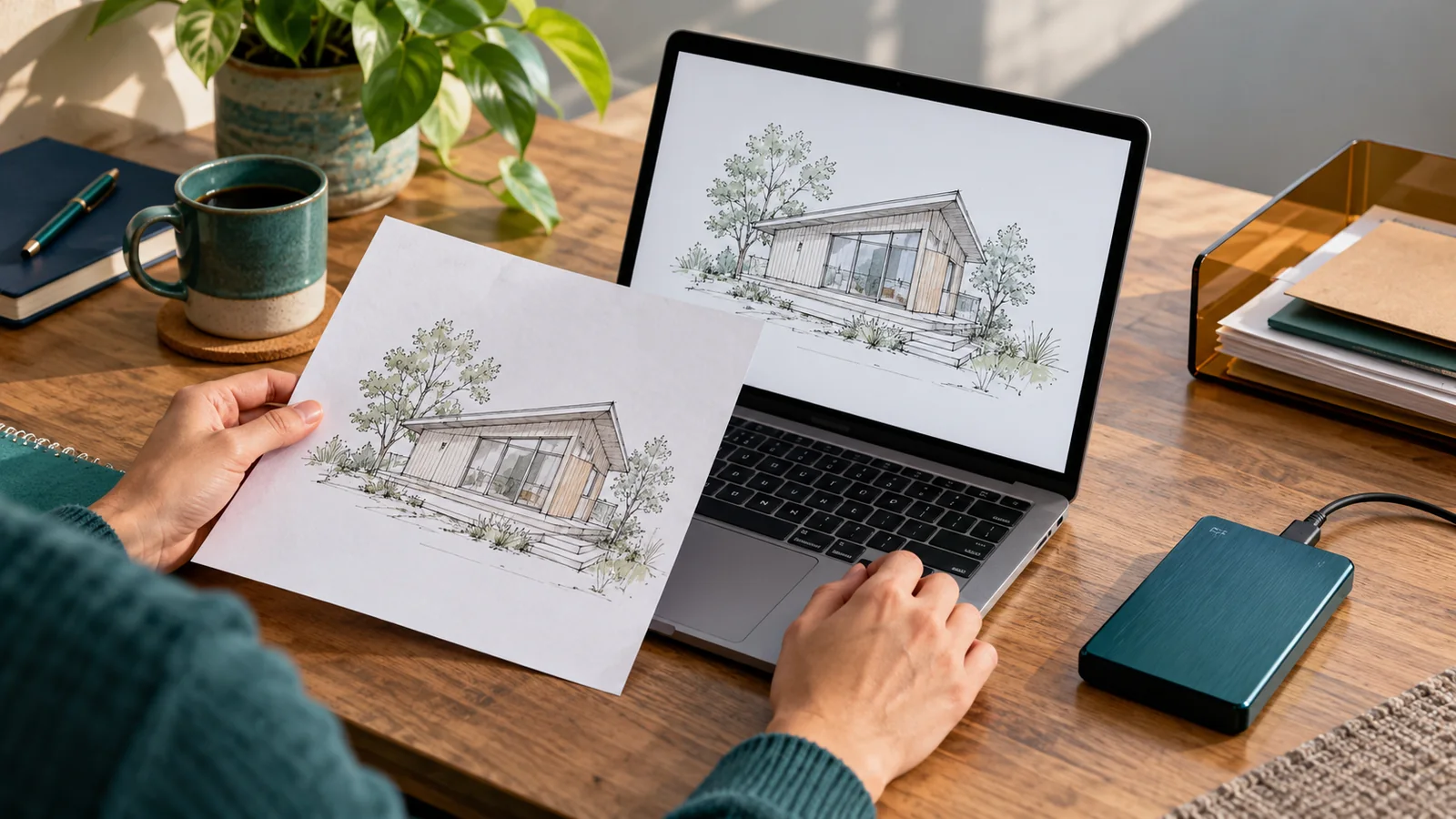 Hands compare a sample project drawing on paper with its copy on a laptop beside a portable backup drive.