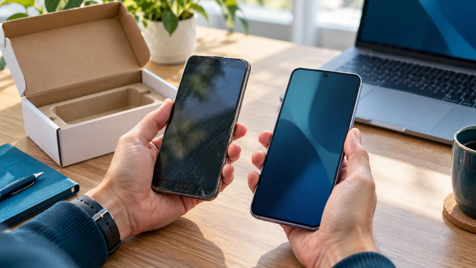 Hands hold an older and a replacement phone beside an open return box and a laptop.