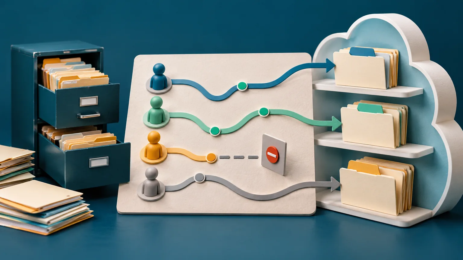 Editorial model of people following separate access paths to cloud folders, with one path deliberately blocked