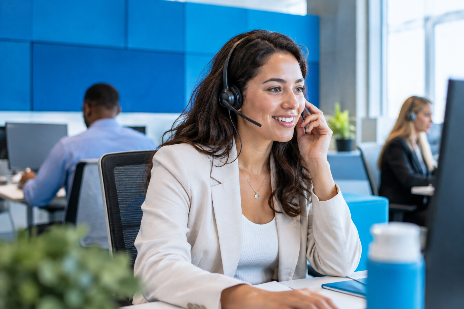Illustrative business communications team member on a headset